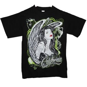 California T Shirt Medium Black Y2K Rock‎ Gothic Americana Angel Tattoo Art